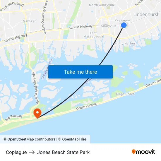 Copiague to Jones Beach State Park map
