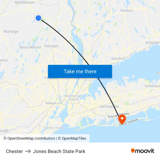 Chester to Jones Beach State Park map