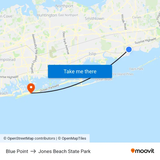 Blue Point to Jones Beach State Park map