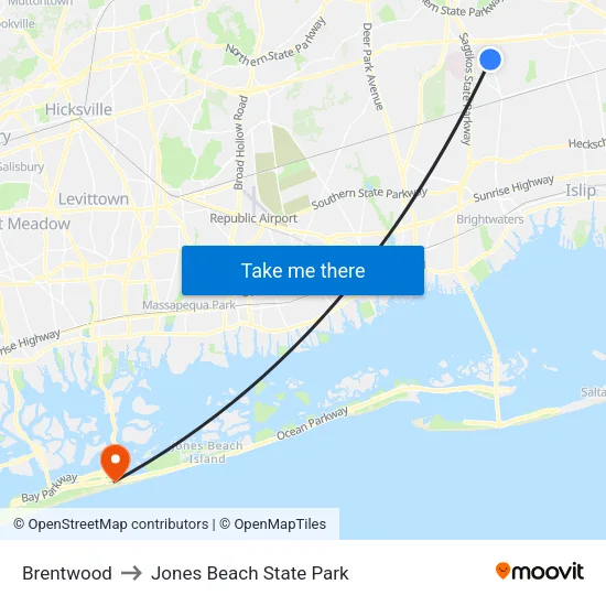 Brentwood to Jones Beach State Park map