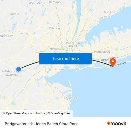 Bridgewater to Jones Beach State Park map