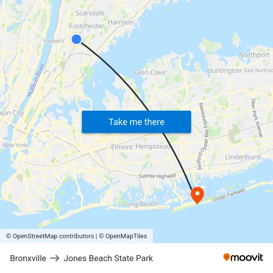 Bronxville to Jones Beach State Park map