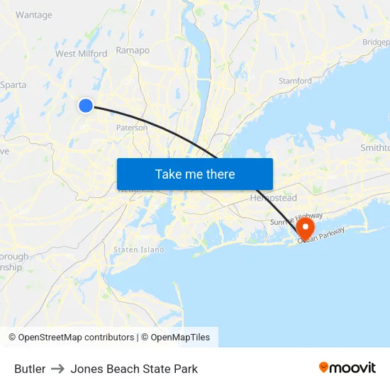 Butler to Jones Beach State Park map