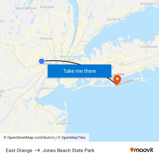 East Orange to Jones Beach State Park map