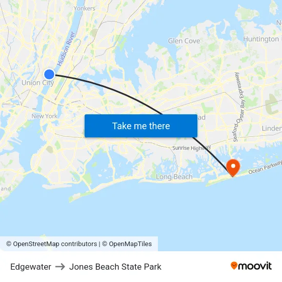 Edgewater to Jones Beach State Park map