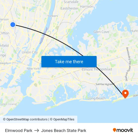 Elmwood Park to Jones Beach State Park map