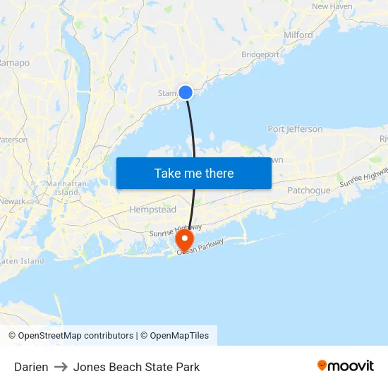 Darien to Jones Beach State Park map