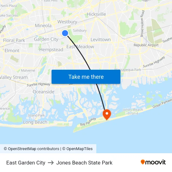 East Garden City to Jones Beach State Park map