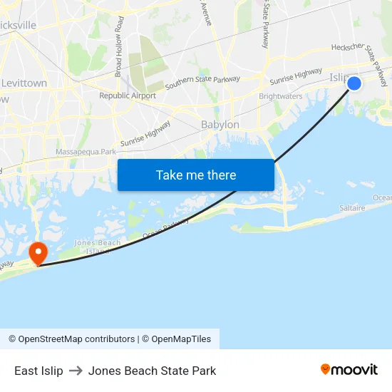 East Islip to Jones Beach State Park map