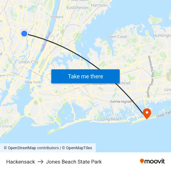 Hackensack to Jones Beach State Park map