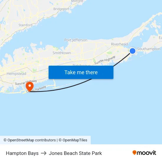 Hampton Bays to Jones Beach State Park map