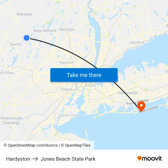 Hardyston to Jones Beach State Park map