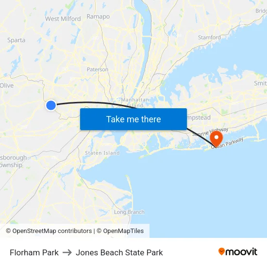Florham Park to Jones Beach State Park map