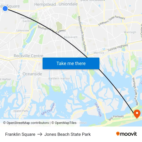 Franklin Square to Jones Beach State Park map
