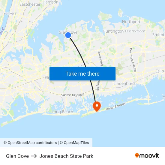 Glen Cove to Jones Beach State Park map