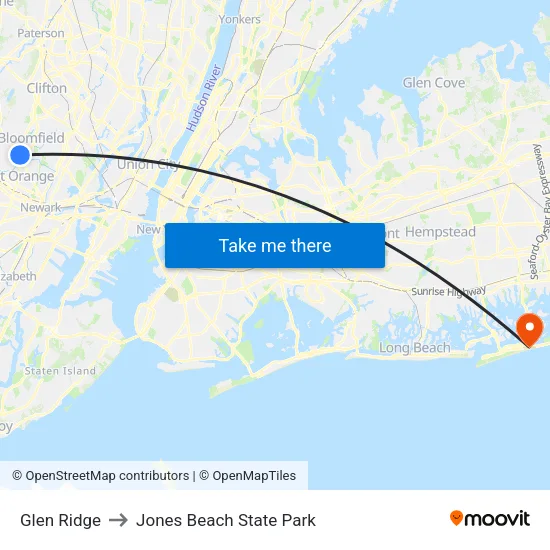 Glen Ridge to Jones Beach State Park map