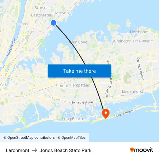 Larchmont to Jones Beach State Park map
