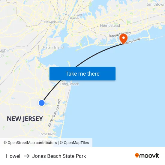 Howell to Jones Beach State Park map