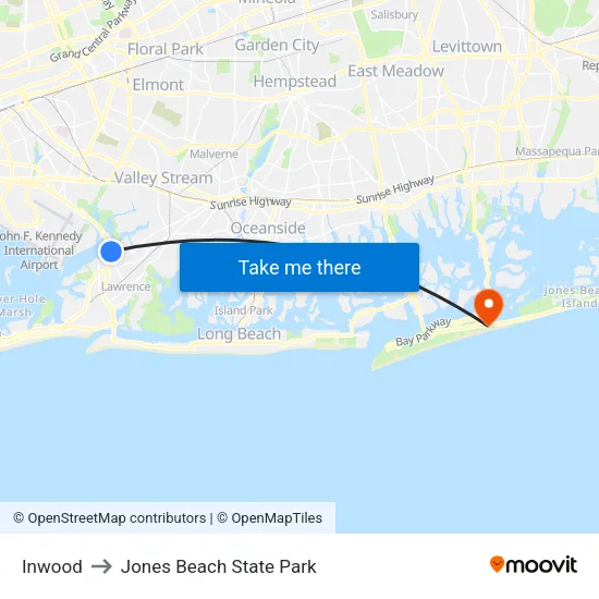 Inwood to Jones Beach State Park map