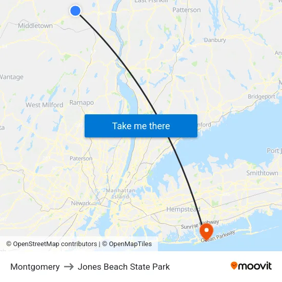 Montgomery to Jones Beach State Park map