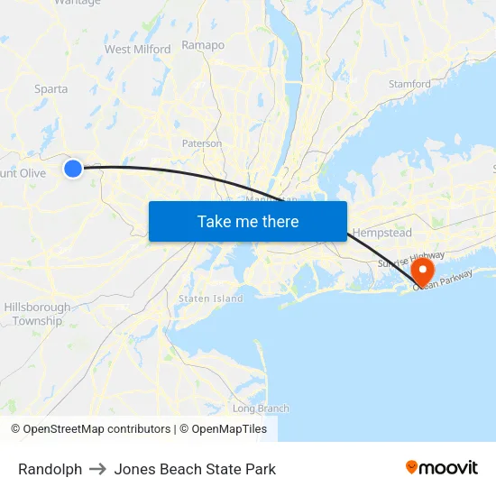 Randolph to Jones Beach State Park map