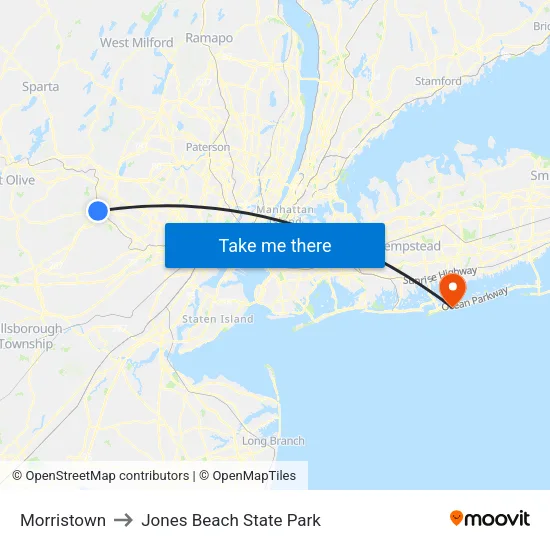 Morristown to Jones Beach State Park map