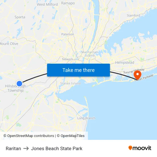 Raritan to Jones Beach State Park map
