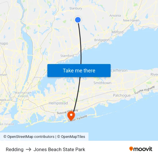 Redding to Jones Beach State Park map