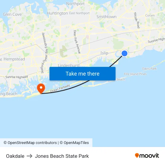 Oakdale to Jones Beach State Park map