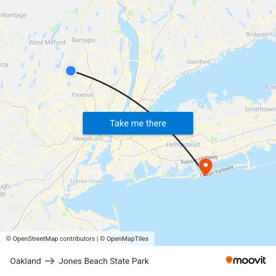 Oakland to Jones Beach State Park map