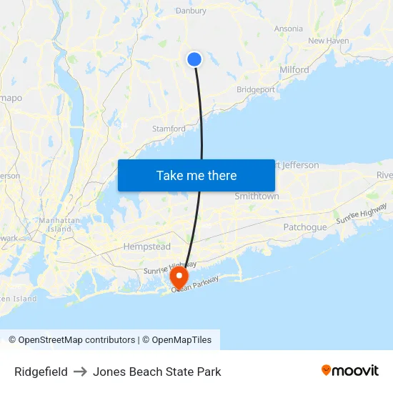 Ridgefield to Jones Beach State Park map