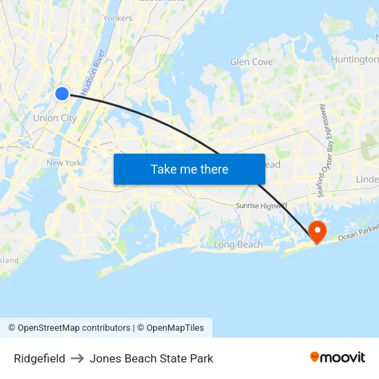 Ridgefield to Jones Beach State Park map