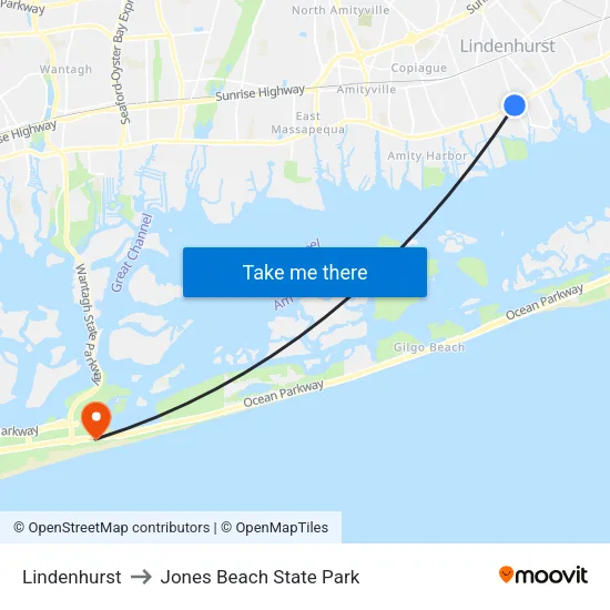 Lindenhurst to Jones Beach State Park map
