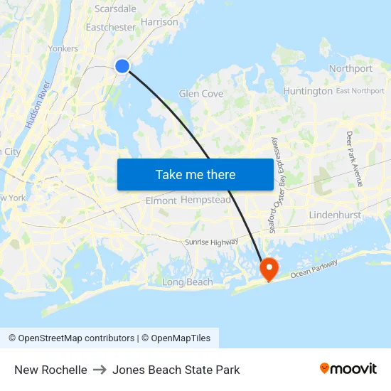 New Rochelle to Jones Beach State Park map