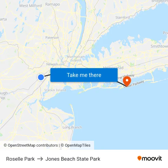 Roselle Park to Jones Beach State Park map