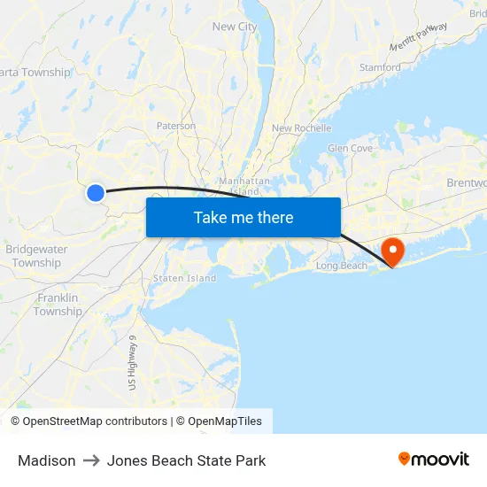 Madison to Jones Beach State Park map