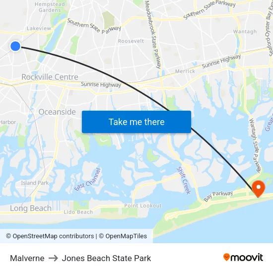Malverne to Jones Beach State Park map