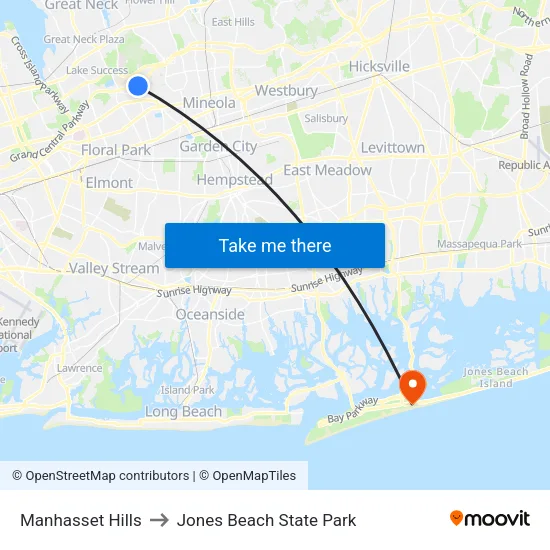 Manhasset Hills to Jones Beach State Park map
