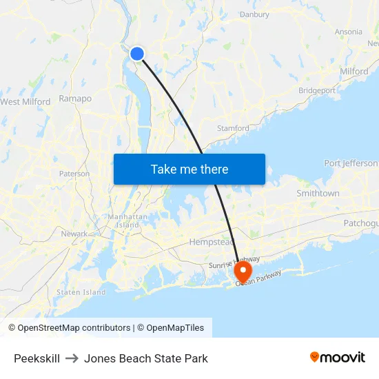 Peekskill to Jones Beach State Park map
