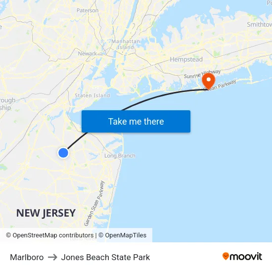 Marlboro to Jones Beach State Park map