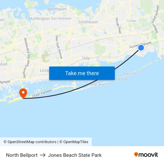 North Bellport to Jones Beach State Park map