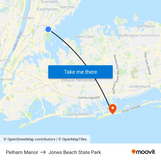 Pelham Manor to Jones Beach State Park map