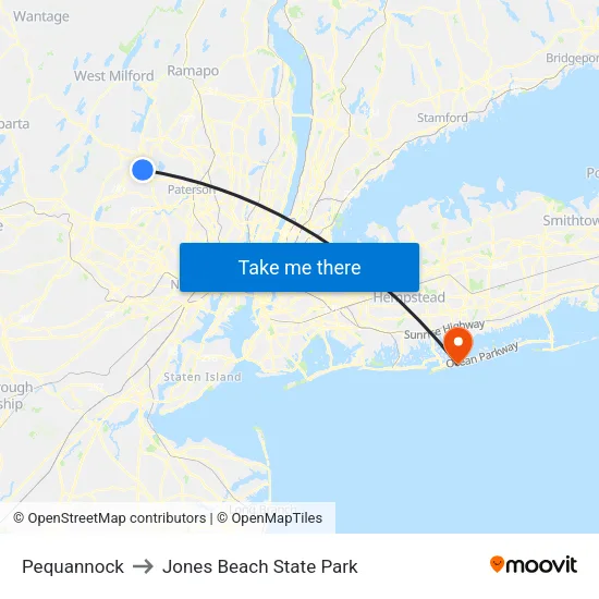 Pequannock to Jones Beach State Park map