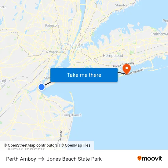 Perth Amboy to Jones Beach State Park map
