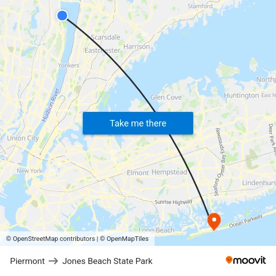 Piermont to Jones Beach State Park map