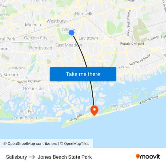 Salisbury to Jones Beach State Park map