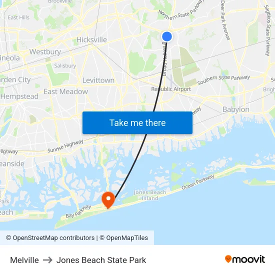 Melville to Jones Beach State Park map