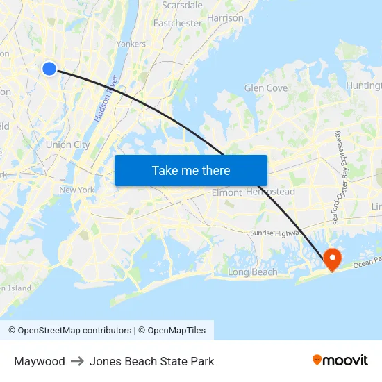 Maywood to Jones Beach State Park map