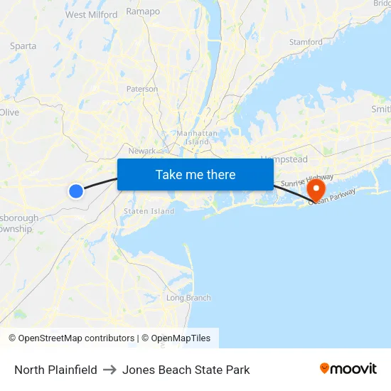 North Plainfield to Jones Beach State Park map