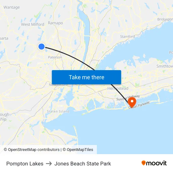 Pompton Lakes to Jones Beach State Park map